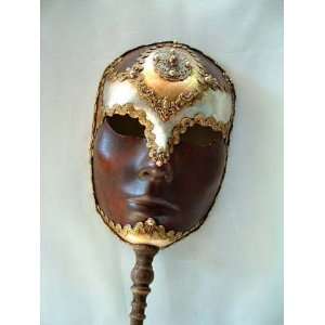  Masquerade Full Face Brown Deco Stick Carnival Mask