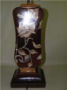   HOLLYWOOD REGENCY HAND PAINTED FLORAL BROWN TABLE LAMP ARTIST SIGNED