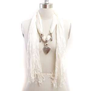  Solid White Color Charm Decorated Pashmina Scarf 