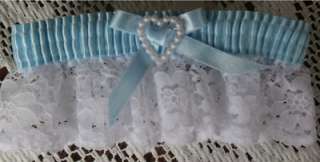   NWT WHITE LACE BLUE SATIN PEARL HEART BRIDAL PROM WEDDING GARTER