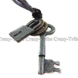 men women unisex charm choker Key Lock pendant leather necklace 