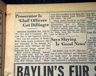 JOHN DILLINGER Assassination in Chicago 1934 Newspaper  