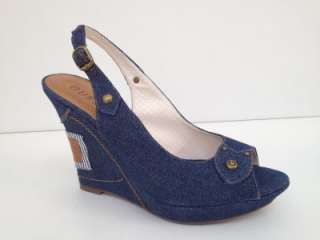   GUESS Denim Brown GRANGER Peep Toe Slingback Wedge Shoes Heels  