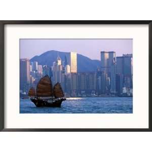  Junk Sailing in Hong Kong Harbor, Hong Kong, China Framed 