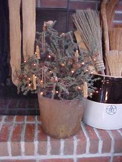 Primitive Twiggy Christmas Tree in Early Sap Bucket w/ Lights & Ornies 