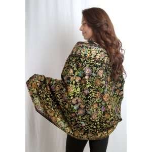  SONA GOLD EDGED FLORAL EMBROIDERED WOOL SCARF/WRAP 