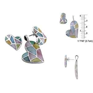  Sterling Silver Skewed Hearts Set with Multicolor Mother 