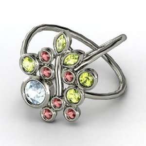 Vine Cluster Ring, Round Aquamarine Sterling Silver Ring with Peridot 