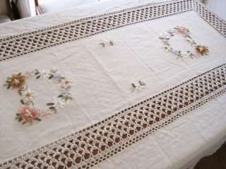 Hand Ribbon Embroidered Flower Crochet Table Cloth L  