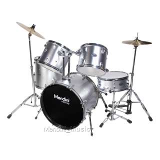NEW 5 PIECE SILVER FULL SIZE DRUM SET +CYMBALS & THRONE  