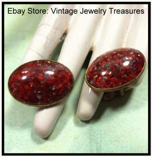 Antique Vintage Red Speckled Glass & Brass Cuff Links  