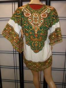 Vtg 70s Cotton TRIBAL Print DASHIKI MINI DRESS Tunic Wide Caftan Slv 