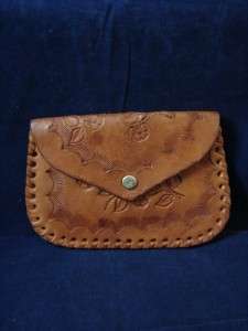 Lovely vintage, handmade coin purse, hand tooled floral roses around 