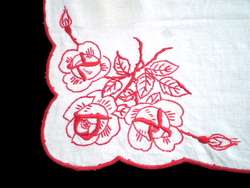 FRENCH Vintage Antique RED Hand Embroidered ROSE Runner  