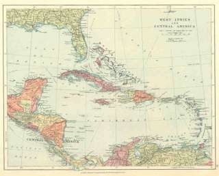 CARIBBEAN + CENTRAL AMERICA Old vintage Map. Circa 1920. Edward 