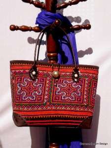 Leather Batik Cross Stitch Hmong Bag Purse Tote Handbag  