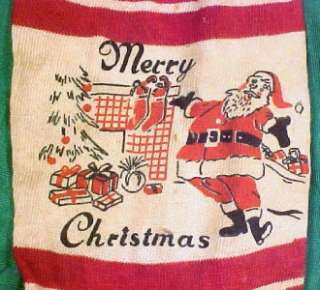   Vintage MERRY CHRISTMAS RED & WHITE STRIPED STOCKING Santa Fireplace