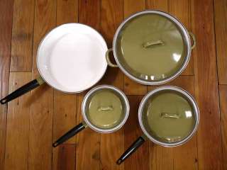 Vtg 70s Italian Avocado Olive Green Enamel Pots Pans Cookware Saucepan 