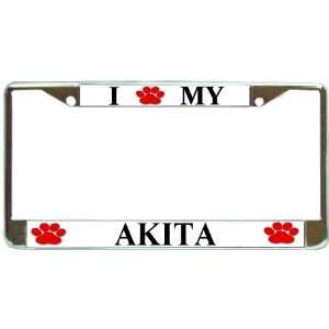  I Love My Akita Paw Prints Dog Chrome Metal License Plate 