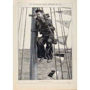   London Almanack Look Out On Sail Ship Old Print 1892
