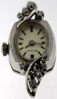 Old Vintage 14k White Gold Ladys Bulova Wrist Watch with Diamonds at 