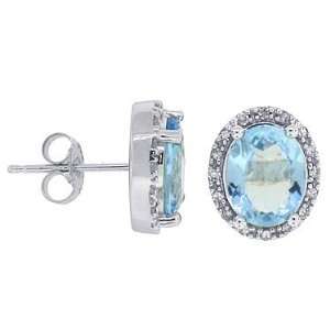  3 Ct Oval Aquamarine Earrings with Diamonds in 14Kt White 