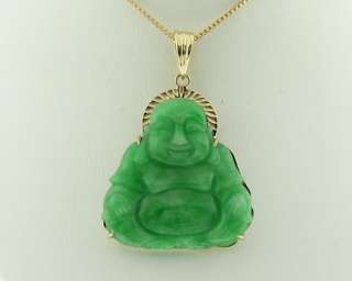 Estate Happy Buddha Green Jade Solid 18k Gold Pendant  