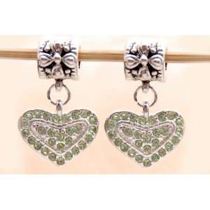 Bleek2Sheek Silvertone Green Crystal Heart Dangle Charm Beads (Set of 