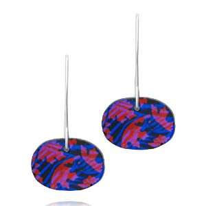   Dichroic Glass Red Leaves on Blue Pattern Oval Earrings Jewelry