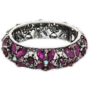    Antique Silver Purple Crystal Flower Bangle Bracelet Jewelry