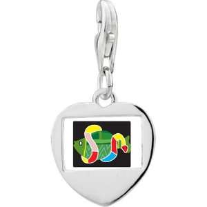   Sterling Silver Multicolored Snake Around Fish Photo Heart Frame Charm