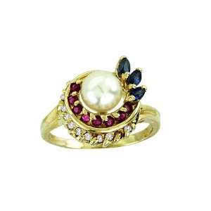    Diamond Ruby, Emerald & Pearl Ring 14K Yellow Gold Jewelry
