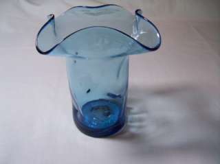 Vtg Art Glass Vase Hand Blown Light Blue Vase Pinched  