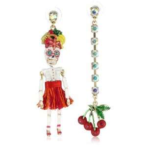  Betsey Johnson Rio Skull and Cherry Mismatch Earrings Jewelry