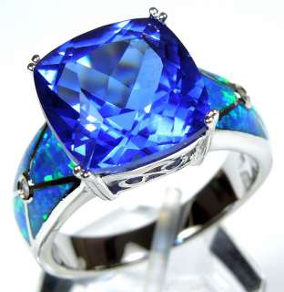 Huge Tanzanite and Blue Fire Opal Inlay 925 Sterling Silver Ring size 