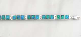Sterling Silver Blue Opal Rectangle Inlay Bracelet .925  