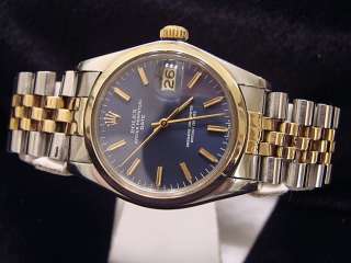Mens Two Tone 14k Gold/Steel Rolex Date Watch W/ Blue Dial  