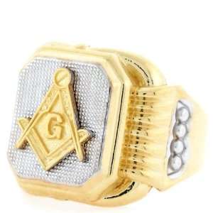  10k Two Tone Gold Freemason Masonic Fancy Mens Ring 