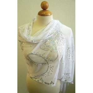 Butterfly Embroidery Scarf,Beautiful White w/Chiffon Design  Italian 