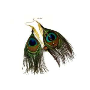  Royal Peacock Feather Dangle Earrings with Rudraksha Seed 