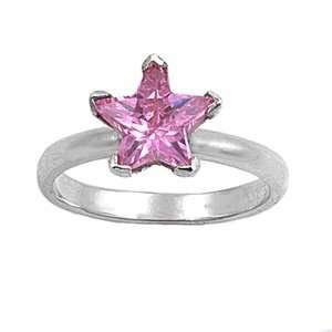   Sterling Silver 10mm Star Shaped Pink CZ Ring (Size 4   9)   Size 7