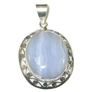  Oval Blue Lace Agate & Sterling Silver Pendant