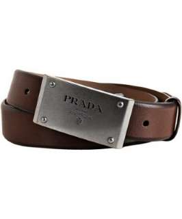 Prada medium brown leather logo plaque belt  