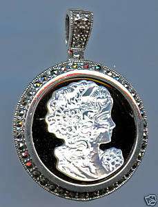 MOTHER OF PEARL, ONYX & MARCASITE CAMEO PENDANT  