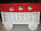 snowman christmas basket on wheels white wicker wood red lined
