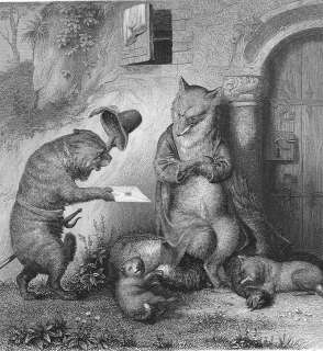Fantasy Fox And Cat. After H.LEUTEMANN. Steel Engraving. C.1850  