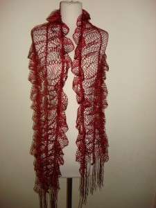 RUFFLE MESH SCARF WRAP PONCHO LACE HOT RED LONG NEW  