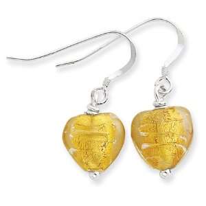    925 Silver Yellow Murano Glass Heart Dangle Earrings Jewelry