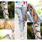   Woman Side Bow Cutout Ripped Denim Sexy Jeans Jeggings Trousers