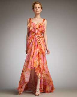 T4FEX Badgley Mischka Collection Ruffled Floral Print Gown